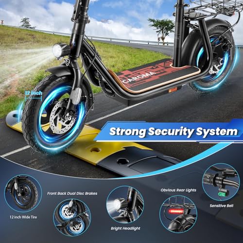 Caroma Peak 800W/1200W Electric Scooter Adults, 30 Miles Max Range, Foldable Electric Scooter with Seat, Front Suspension, Detachable Large Basket,Commuter E-Scooter for Adult and Teens