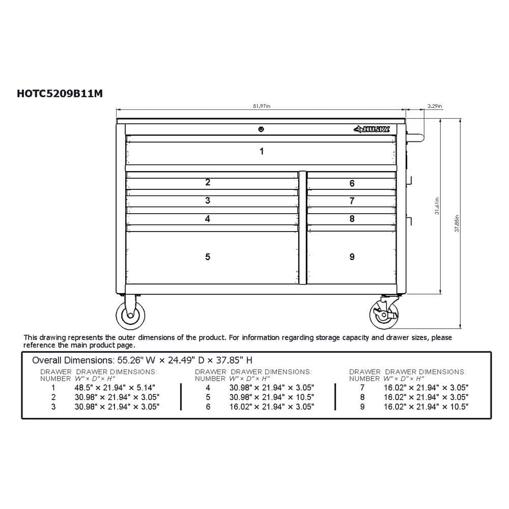 Husky 52 in. W x 25 in. D Standard Duty 9-Drawer Mobile Workbench Tool Chest