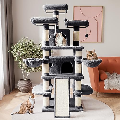SHA CERLIN 68 Inches Multi-Level Cat Tree Tower with Condo, Plush Perches, Scratching Posts, Hammocks, and Play House, Beige
