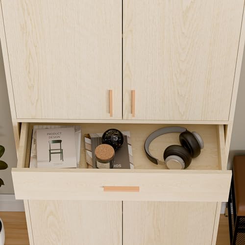 Cozy Castle Kitchen Pantry Storage Cabinet 71" Tall 4 Doors Wood Freestanding Cupboard with Sliding Drawer and 2 Adjustable Shelves for Dining Room Living Room, Laundry, Bathroom, Oak