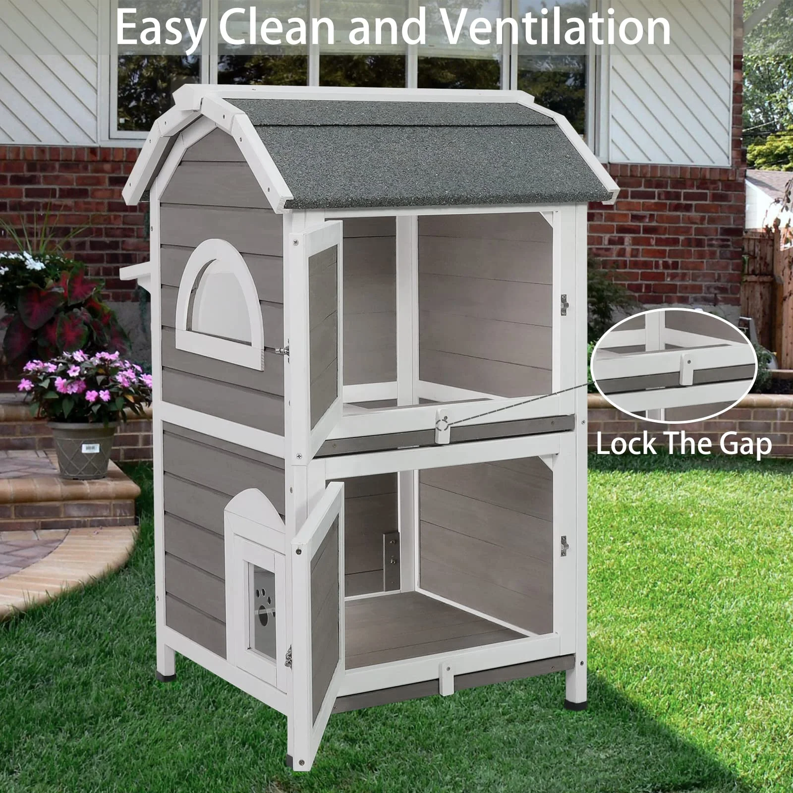 PetsCosset Outdoor Cat House Shelter Weatherproof, Two Story Wooden Outside Cat House Feral Cat House with Escape Door, Removable Floors