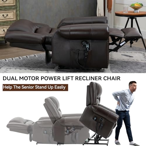 Dual Motor Power Lift Chair, Lay Flat Recliner Chair, Electric Recliner with Massage and Heat for Elderly, Remote Control, Infinite Position, Standing Assistance, USB Ports, Faux Leather, Brown
