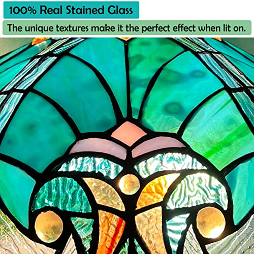 Tiffany Table Lamp with Night Light 16 inch Large Stained Glass Table Light Victorian Style Sea Green Antique 3 Light Desk Lamp for Living Room Bedroom Office