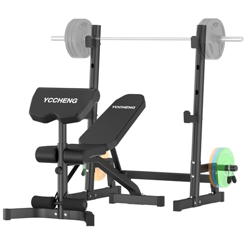Muti-functional Adjustable Weight Bench/Workout Bench with Barbell Rack Set for Home Gym, Upright Incline Flat Exercise Benches with Preacher Pad