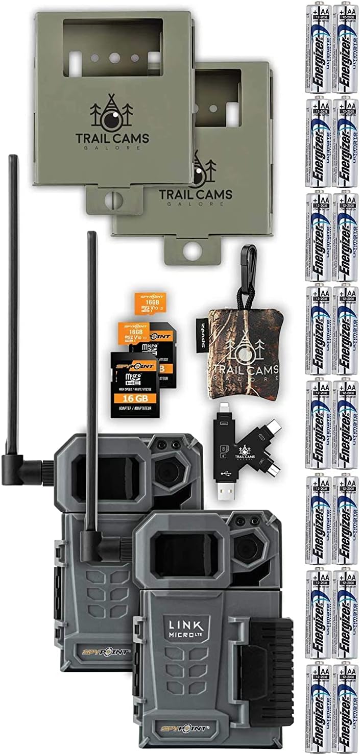 SPYPOINT Link-Micro-LTE Twin Pack of Cellular Trail Cameras 10MP with Batteries, Two Micro SD Cards, Card Reader, Spudz, and Two Steel Cases (AT&T (USA Nationwide))