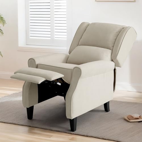 Vintage Wingback Recliner with Massage, Modern Linen Fabric Pushback Recliner for Living Room and Bedroom with Side Pockets, Wooden Legs(Beige)