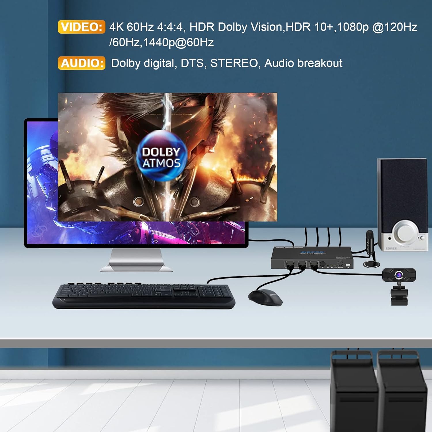 USB 3.0 KVM Switch HDMI 2-Port 4K60 4:4:4 HDR Atmos 1 Monitor with Stereo Audio Extractor Mic IR Remote - for 2 Computers Share Keyboard Mouse Printer, 2 USB3.0 Cables,USB Selector Hub SW21KVM