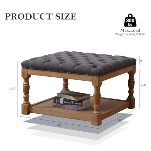 33-inch Large Square Ottoman Coffee Table with Storage Shelf and Solid wood Legs - Button Tufted Upholstered Linen Ottoman stool for Living room，Office, Bedroom, Farmhouse (Beige)