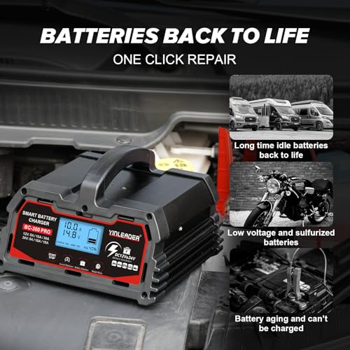 Battery Charger 40A, 12V/24V Lead Acid Smart Battery Charger, 12V LiFePO4 Car Battery Trickle Charger, Automatic Battery Maintainer for Car Motorcycle Lawn Mower Marine Boat Lead Acid Batteries