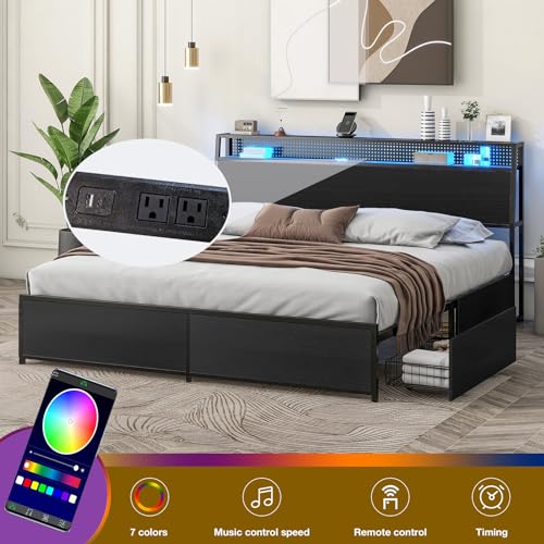 Queen Bed frame with LED Lights, Metal Platform Bed Frame with 4 Storage Drawers, Tall Bookcase Headboard and Charging Station, Sturdy, No Box Springs Needed Black
