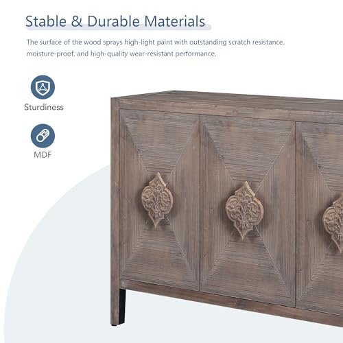 Antique Storage Cabinet Sideboard Buffet Cabinet Cupboard with 4 Carved Flower Handle Doors for Dining Room Living Room Kitchen Hallway (Black)