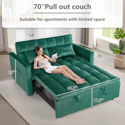 3 in 1 Convertible Sleeper Sofa Bed,Futon Loveseat Couch with Pull-Out Bed & Adjustable Backrest,Velvet Fabric Sofa with Side Pocket for Small Apartment, Living Room, Office (Black)