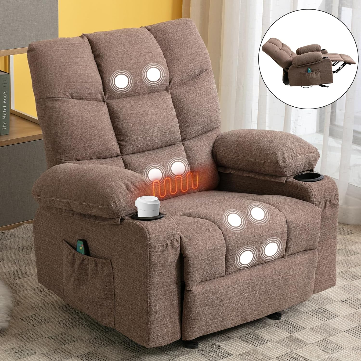 Boy Lazy Recliner Chair for Adults & Elderly with 8 Points Power Massage & Lumbar Heated - Modern Adjustable Manual Fabric Recliner Sofa with Lay Flat 150° 2 Cup Holders Side Pockets,Brown