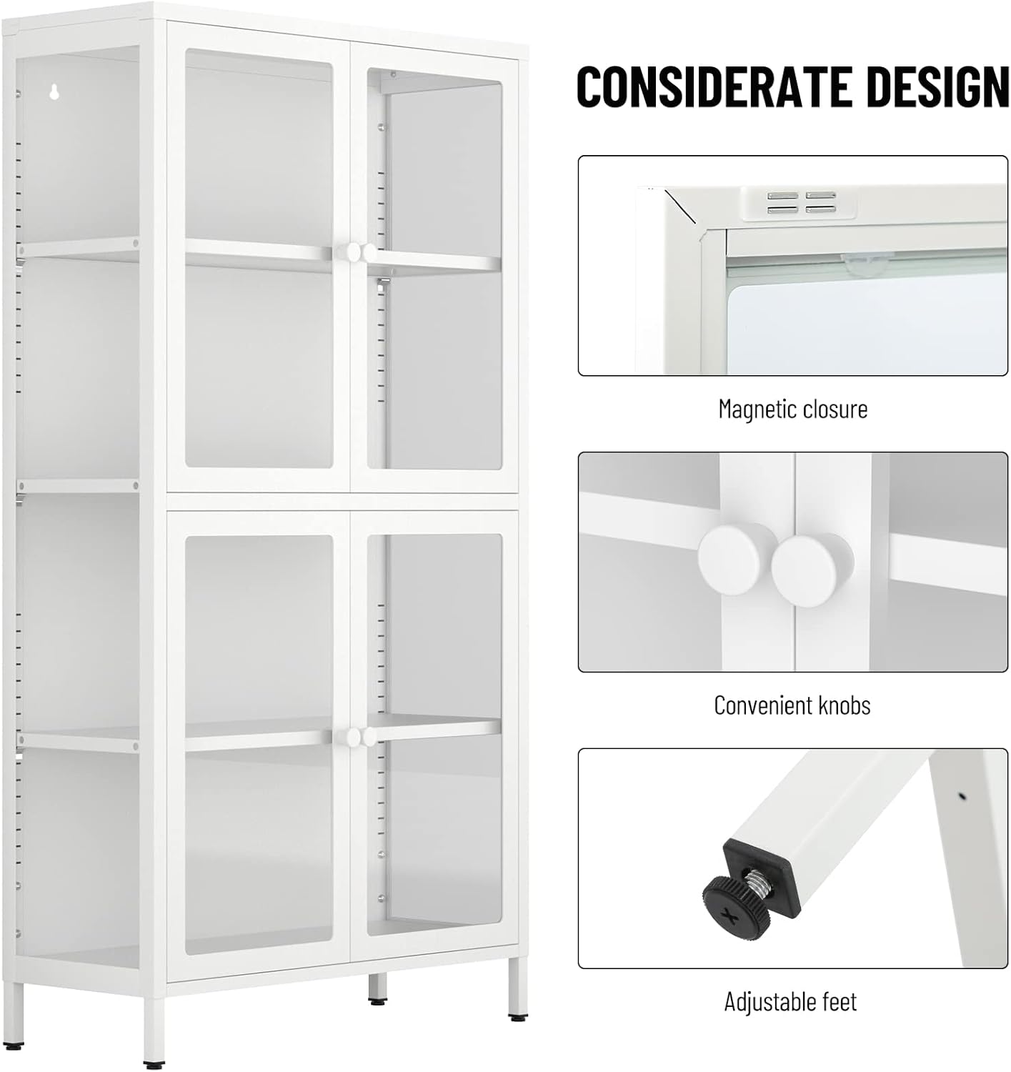 Tempered Glass Storage Cabinet,4-Door Glass Display Cupboard,Tall Corner Cabinet Sideboard Bookcase w/Adjustable Shelves,Steel Frame,Sideboard Storage Furniture for Living Room Entryway (4-Door,White)