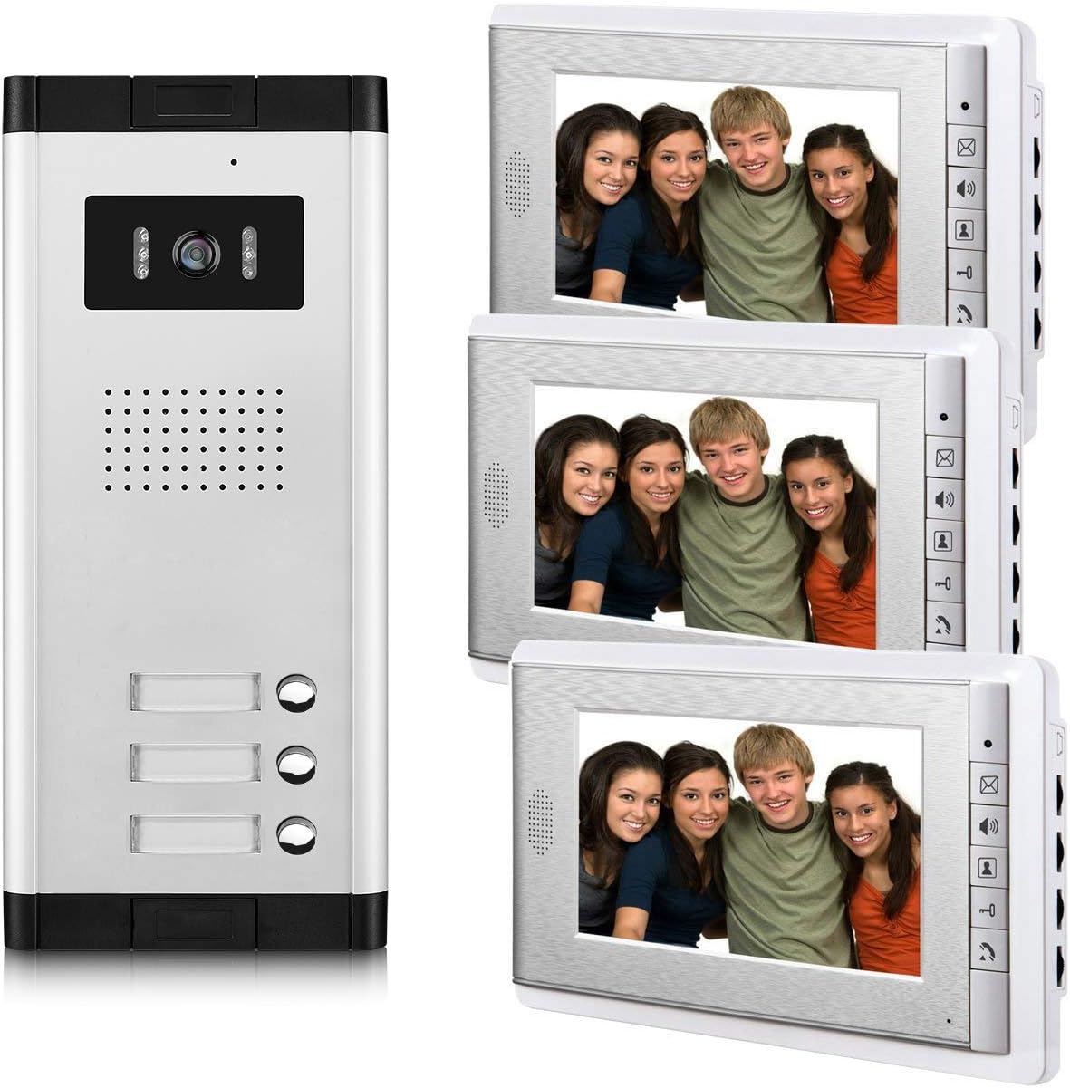 AMOCAM 3 Units Apartment Video Intercom System, Wired Video Door Phone Kit, 1 PCS Night Vision Camera, 3 PCS LCD 7 Inches Monitor, Support Monitoring, Unlock, Dual Way Intercom, for 3-Household