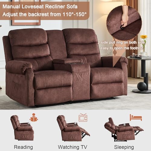65" Loveseat Recliner RV Sofa, Reclining Loveseat with Console, Manual Theater Seating with Cup Holders, Double Recliner Loveseat Wall Hugger Recliners for living room, RV, Home Theater…
