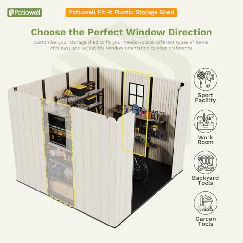 Patiowell 8 x 12 FT Plastic Outdoor Storage Shed with Floor, Resin Shed with Window and Lockable Door for Garden, Backyard, Tool Storage Use, Easy to Install in Beige (Kick-it Shed)