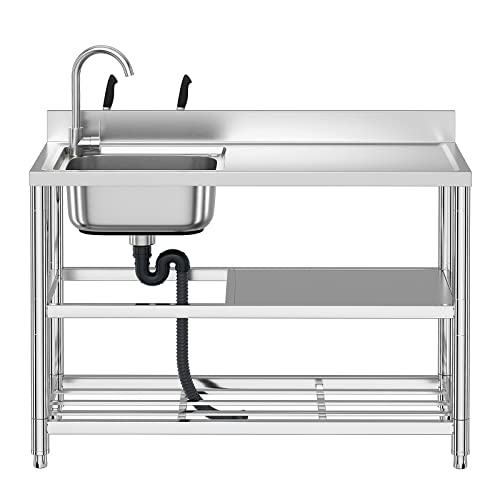 Stainless Steel Commercial Kitchen Sink, Free Standing, Single Bowl Sink Basin with Cold & Hot Water Faucet, Indoor and Outdoor Sink, 21.7 in