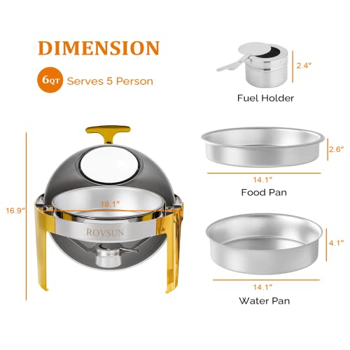 ROVSUN 3 Packs Roll Top Chafing Dish Buffet Set Gold Accent,6 Quart Round Stainless Steel Chafer, Buffet Servers and Warmers Set Warming Tray with Glass Window for Wedding, Parties, Banquet, Events