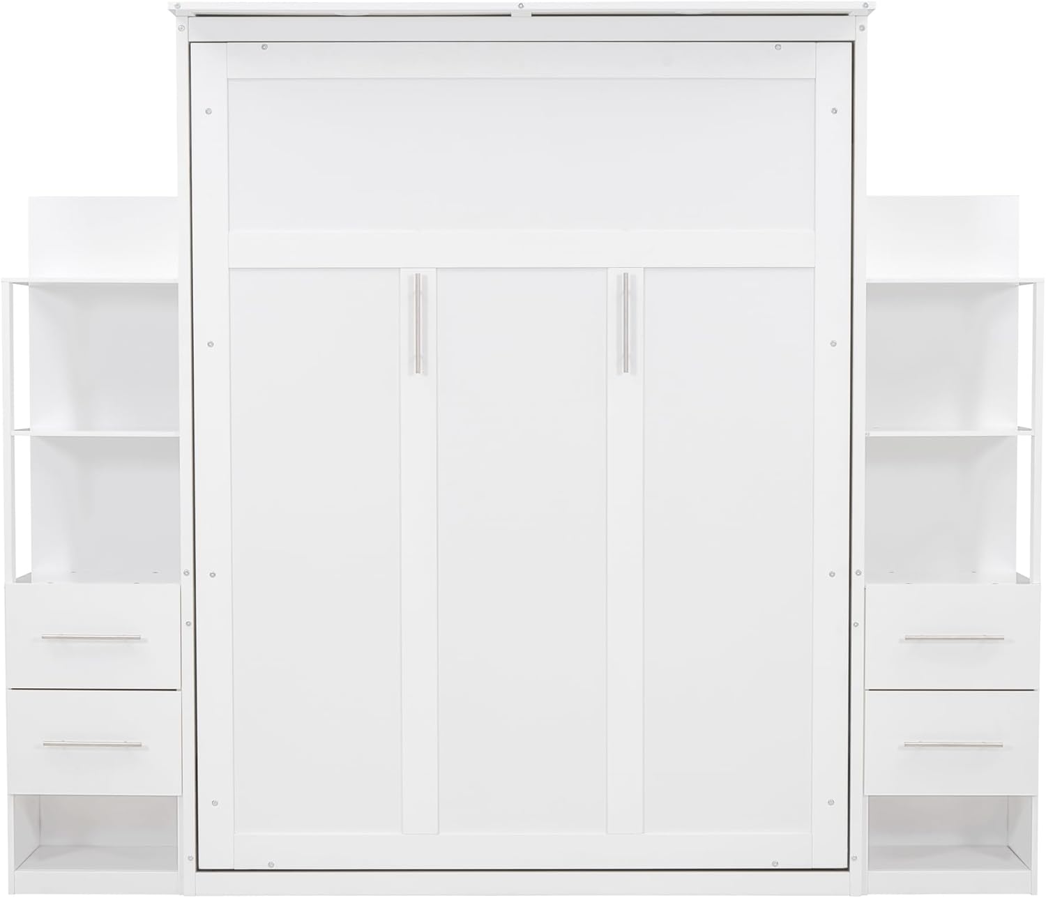Queen Size Murphy Bed Wall Bed with Shelves, Drawers and LED Lights,White