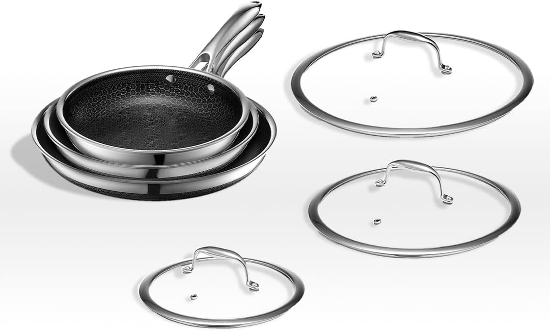 HexClad 7 Piece Hybrid Stainless Steel Cookware Set - 6 Pc Pan Set with Lids and 10 Inch Wok, Stay Cool Handle, Dishwasher and Oven Safe, Non-Stick