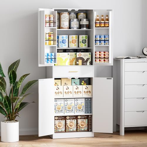 71" Tall Kitchen Pantry Storage Cabinet with 4 Doors & Drawer, Adjustable Shelves, Farmhouse Cupboard, Freestanding Cabinet with Door Shelves for Dining Room/Living Space, Black