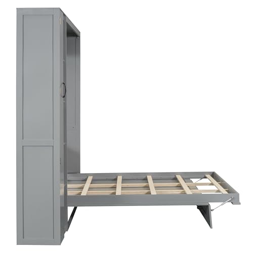 Full Size Murphy Wall Bed With Storage and Bookcase Headboard, Solid Wood Cabinets With Shelves, Drawers and USB Ports, Multi-Function Platform for Home Office, Guest Room - White