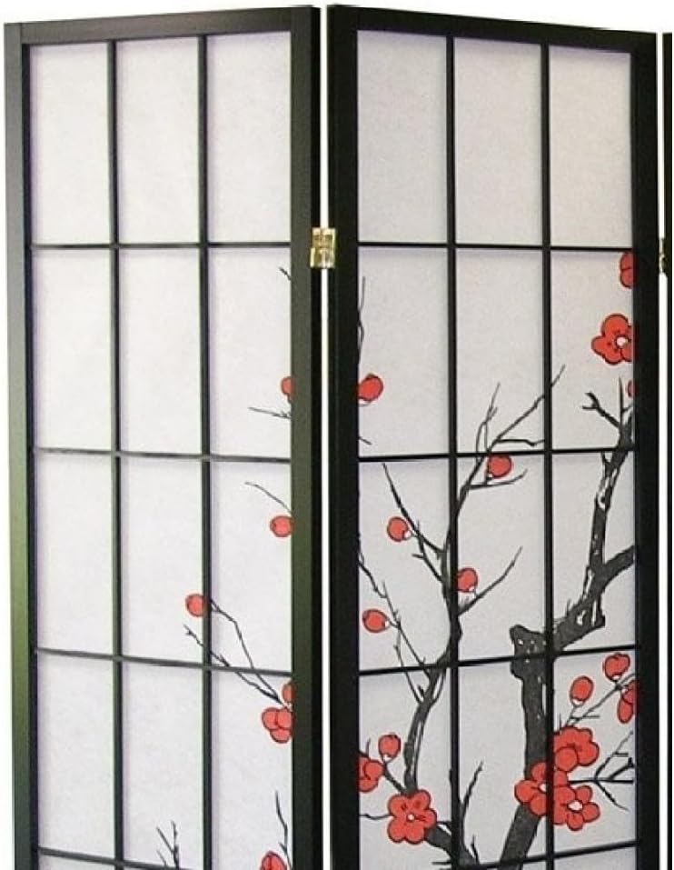 Japanese Style 4-Panel Screen Room Divider, Folding Shoji Screen Room Partition with Plum Blossom Design Portable Divider Freestanding Privacy Partition Screen for Rooms Office Indoor