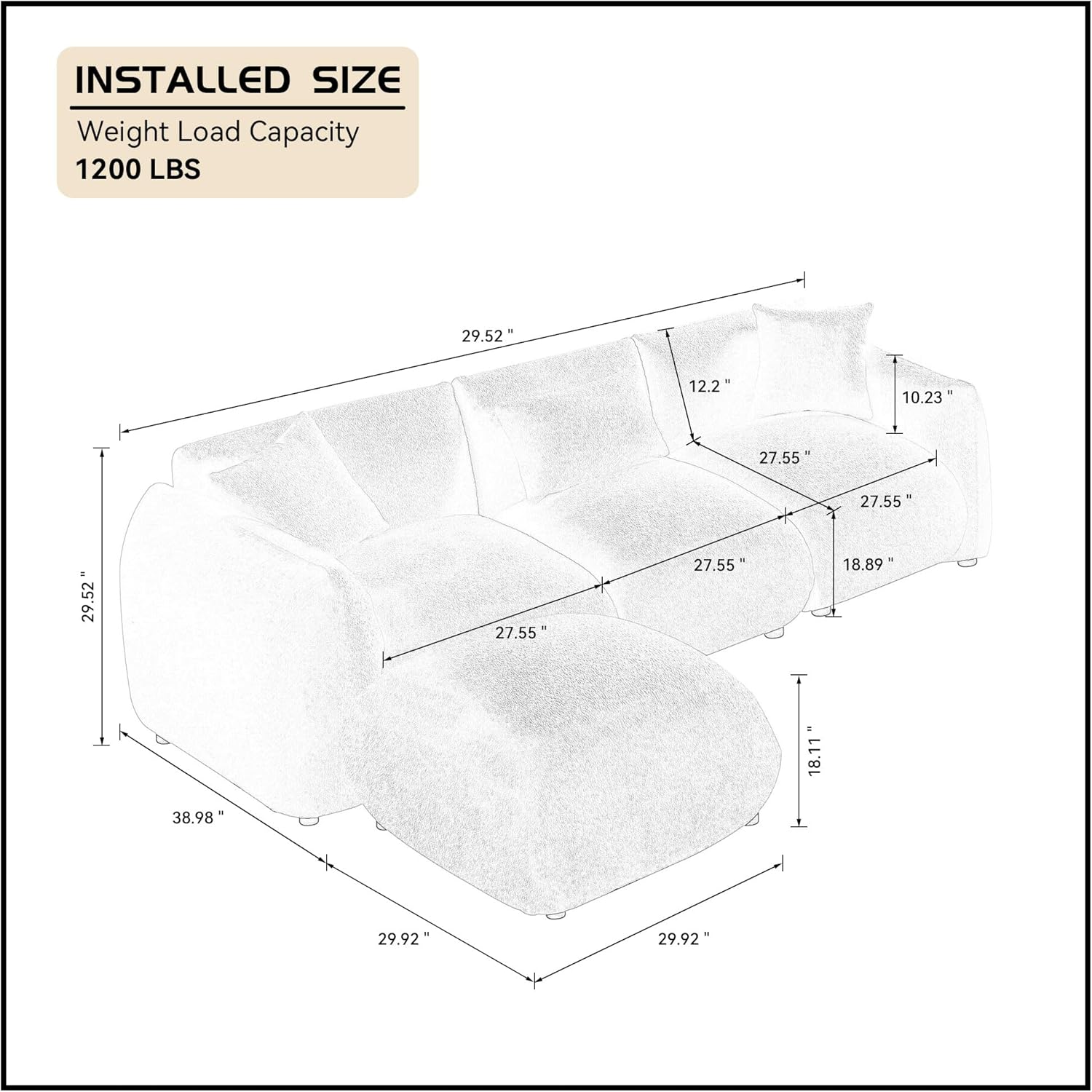 102.3" Sectional Sofa, Modern Couch for Living Room with Moveable Ottoman, Comfy Upholstered Furniture for Living Room, Apartment, Studio, Office, Beige