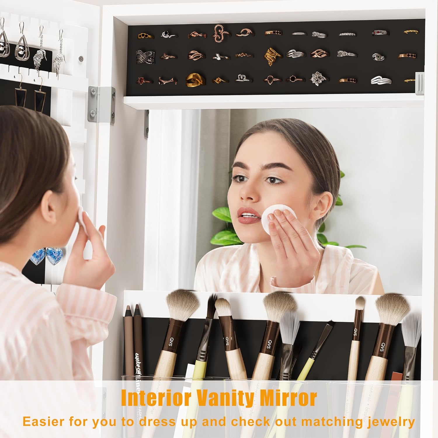 360° Swivel Jewelry Armoire, Floor Standing Locking with Full Length Mirror,Bottom Drawer, Shelf, Wheels,White Cabinet with Large Storage Capacity (White push-pull)