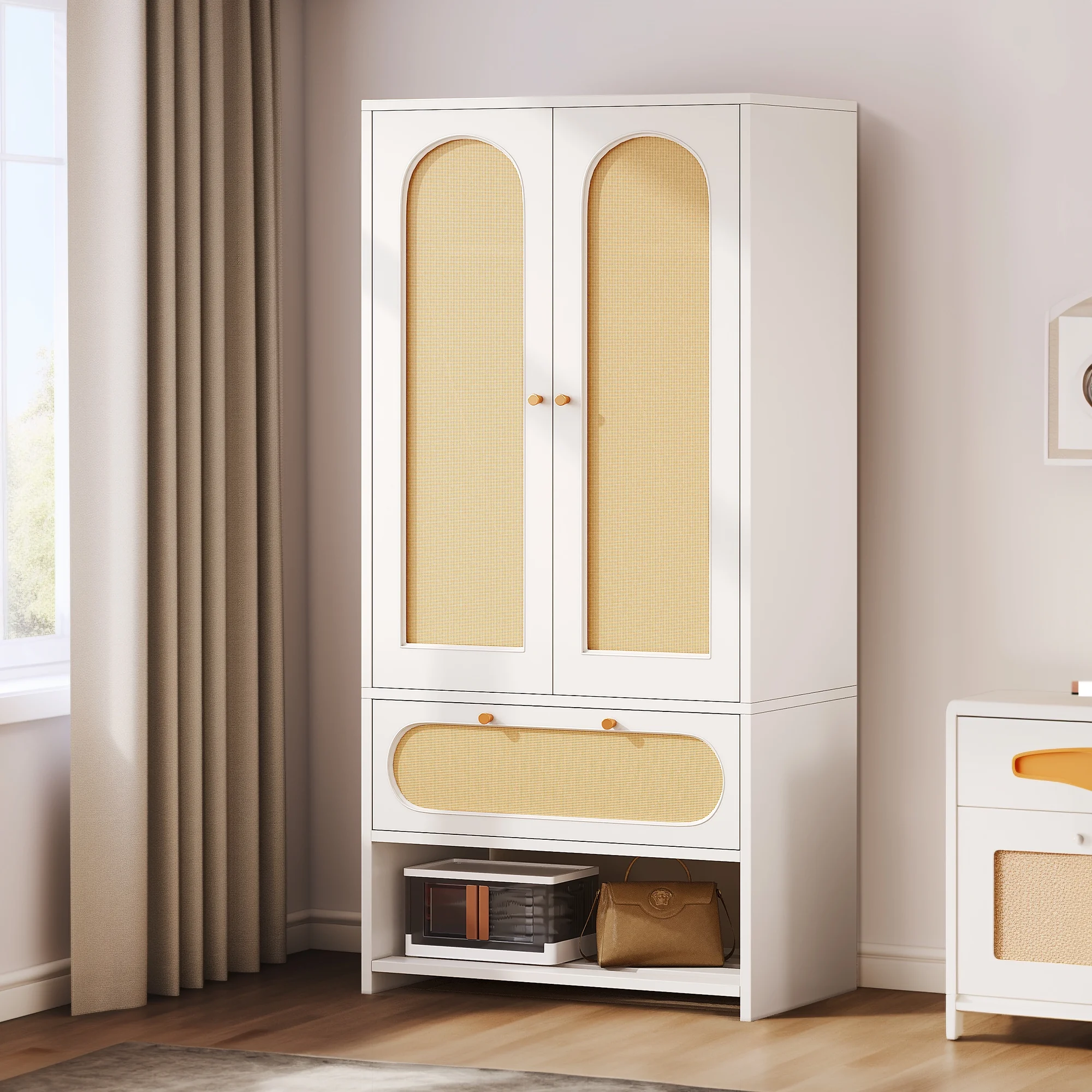 Dextrus Natural Rattan Armoire Wardrobe Closet Cabinet with 2 Doors, Armoire Storage Cabinet with Drawers and Hanging Rods, Wooden Closet Organizer for Hanging Clothes with Shelves & Steel Stand