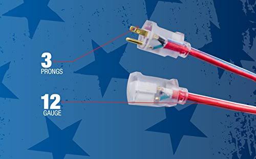 Southwire 2549swusa1 100-Feet Contractor Grade 12/3 Extension Cord with Lighted End; Red White and Blue American Made Extension