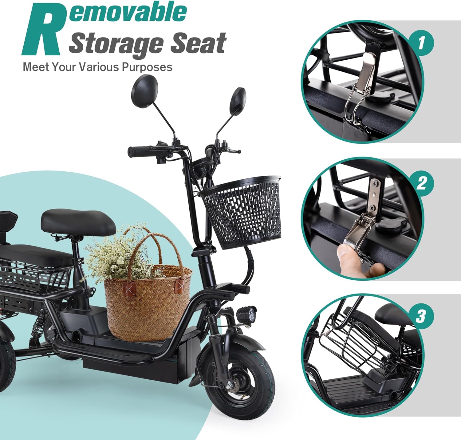 Electric Bike for Adults Seniors Foldable Tricycle w/3 Seats, 3-Wheel Adult Electric Bicycles Trike Ebike Cruiser with Baskets for Shopping Cycling, LED Display, Lights, 48V 400W, Black