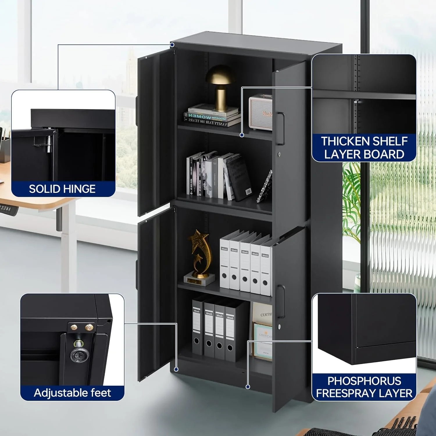 Metal Storage Locking Cabinet with 4 Doors and 2 Adjustable Shelves,71" Lockable Garage Tall Steel Cabinet,for Home Office,Living Room,Pantry,Gym,Commercial Storage (Black)