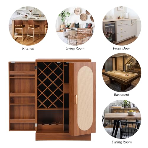 LUMISOL Bar Wine Cabinet with Storage, 42.5" Home Bar Cabinet, Carved Wine Sideboard with Wine Bottle Holders, Accent Storage Cabinet for Home Bar Living Room Dining Room, Natural
