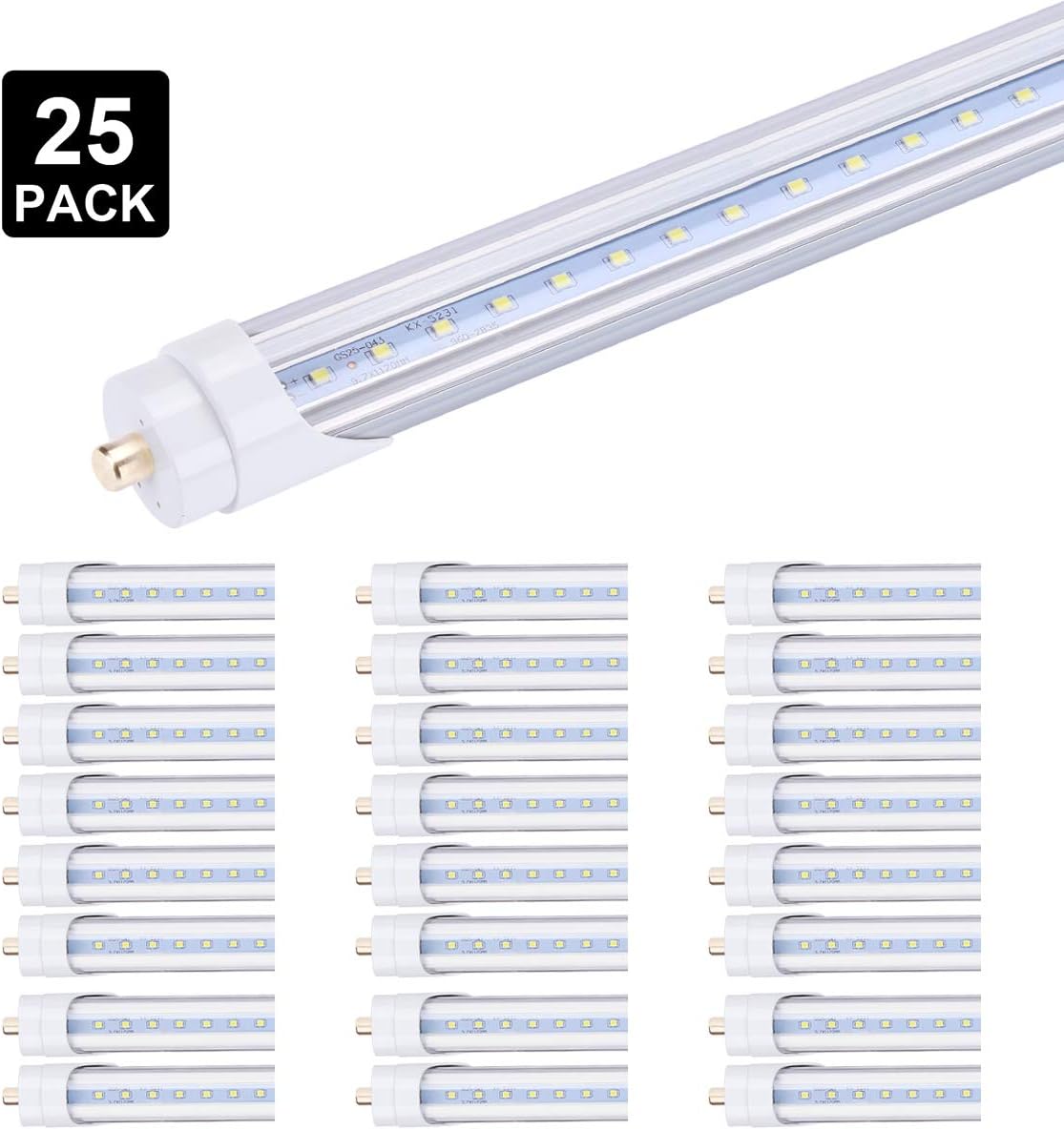 T8 8FT LED Light Tube 45W (Ballast removal) Clear Cover, Single Pin FA8 Base, Replace 100W Fluorescent Lamp Shop Lights, Dual-Ended Power, Cold White 6000K,AC 85-277V - 25 Pack