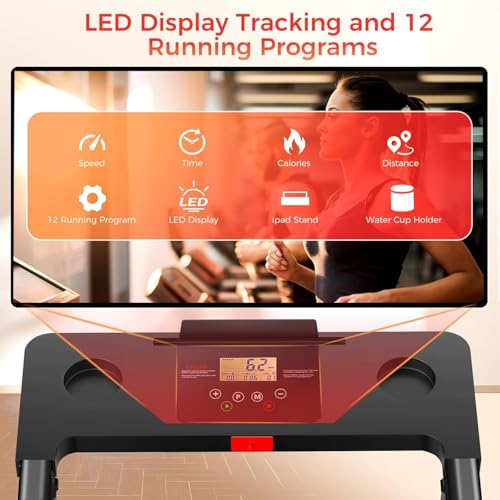 Treadmill with Handles, Portable Small Treadmills for Home and Office, 3.0HP Folding Walking Pad with 300 lbs Capacity, Cup Holder, LED Display and 12 Preset Programs