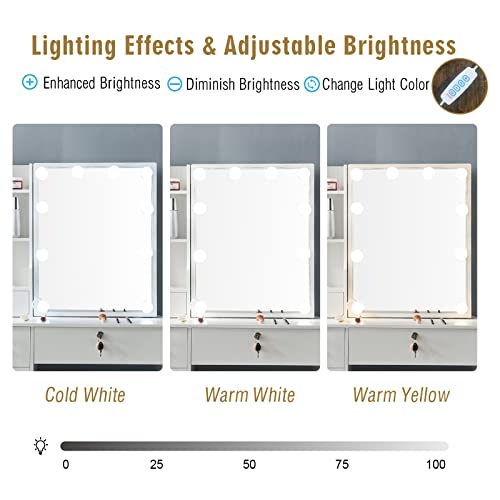 Vanity Desk Set with10 LED Lights, Makeup Vanity Table with Lighted Mirror and Charging Station, Dressing Table Desk with 5 Drawers, White Modern Vanity Set Dresser for Bedroom