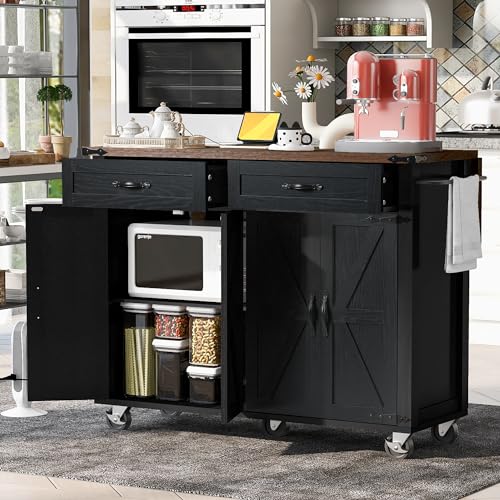 Kitchen Island with Storage, Rolling Kitchen Island Cart On Wheels with Power Outlet & Drop Leaf Countertop, Mobile Island Table for Kitchen with 2 Drawers 2 Cabinet, Spice Rack, Towel Rack, Black