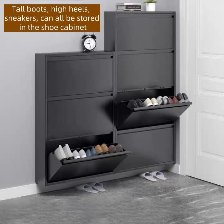 Shoe Cabinet Storage for Entryway,No-Assembly Large Shoe Rack Cabinet with 3 flip Drawers,Hidden Narrow Metal Freestanding Shoe Organizer for Living Room, Bedroom and Garage,Wall Mounted,black, Grey