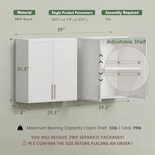 FIMELLO 30" Laundry Room Wall Cabinet with Adjustable Shelf, Large Wall Storage Cabinet, White Wall Cabinet with Doors, Upper Kitchen Cabinet, Cabinets for Laundry, Bathroom, Kitchen -White