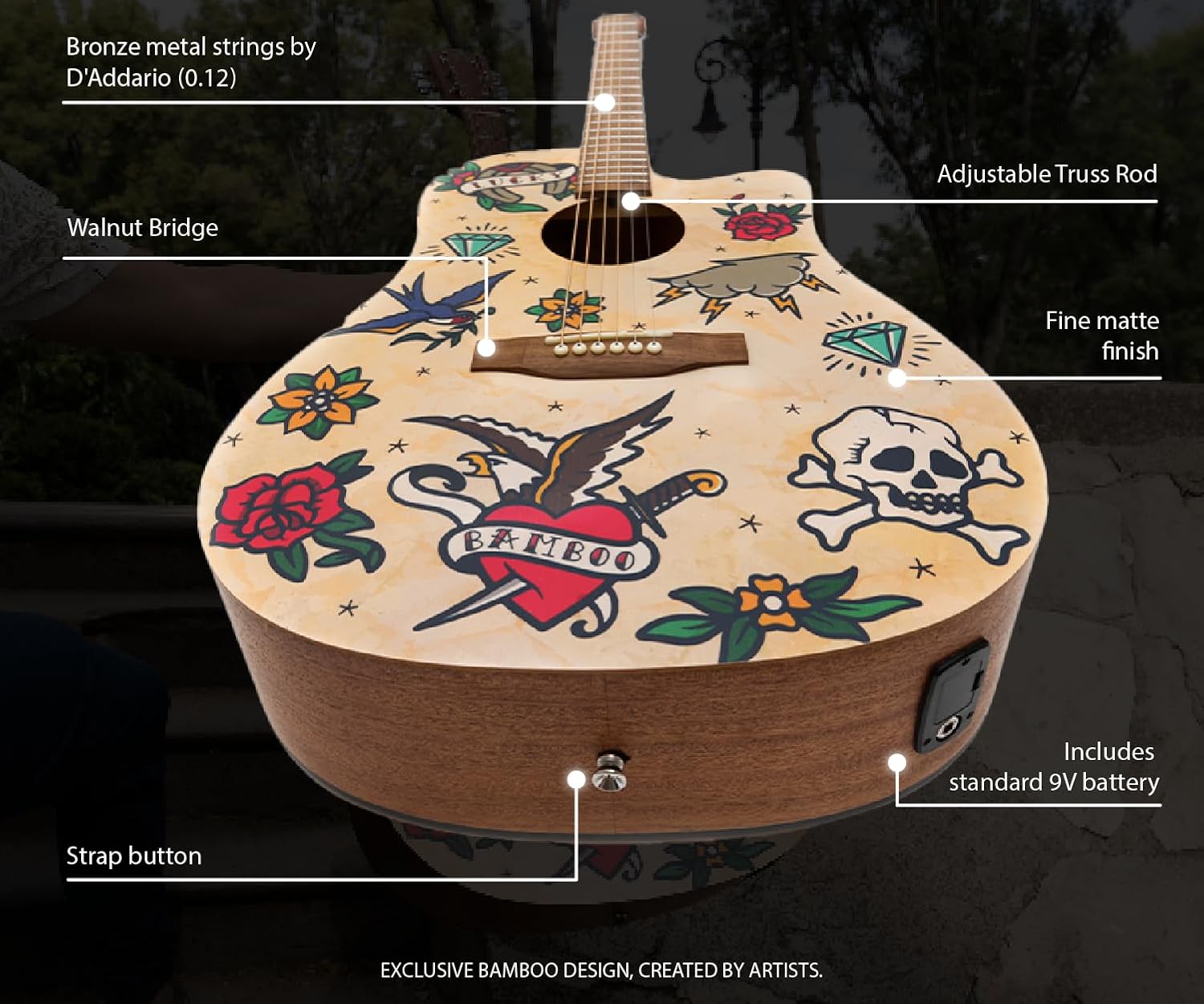Bamboo 41" Acoustic Electric Guitar. Beginner for Adults and Teens with Gig Bag, Pick, Tuner, Strings, Capo, Strap and Truss Rod Key. Design Old School model.