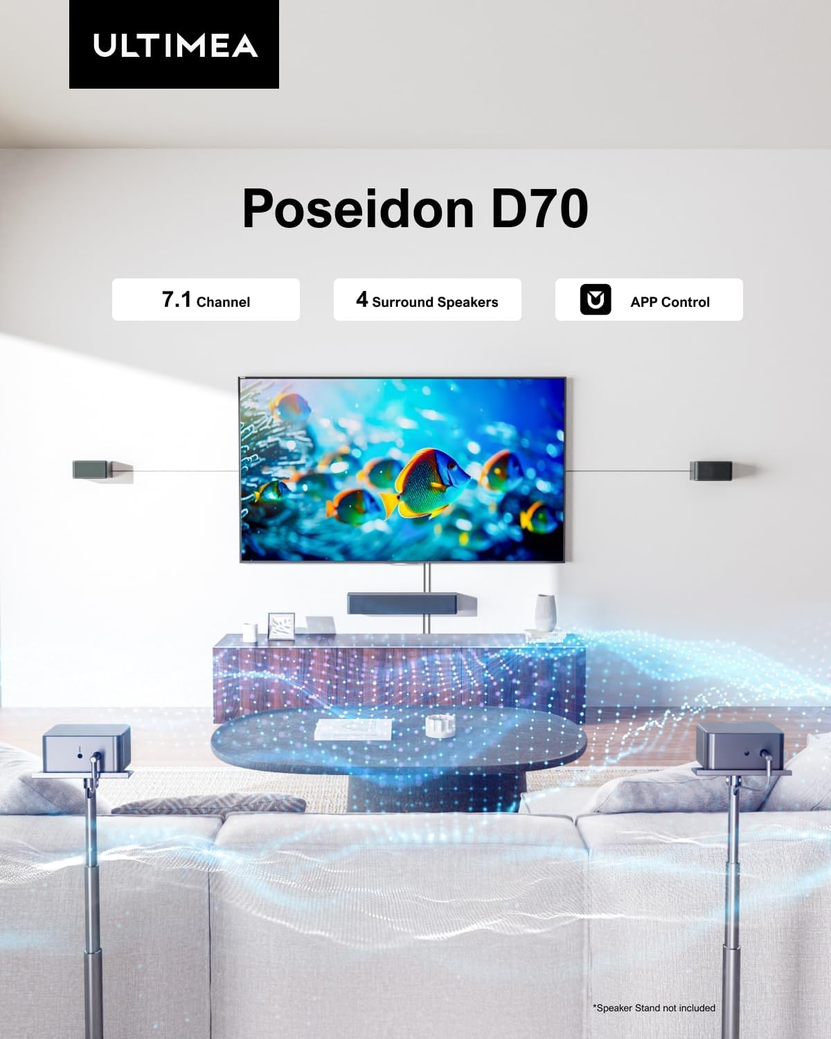 ULTIMEA 7.1 Virtual Surround Sound System for TV, App Control, Sound Bar for Smart TV with Subwoofer and Wired Surround Speakers Adjustable, Peak Power 410W, Home Theater Sound System, Poseidon D70