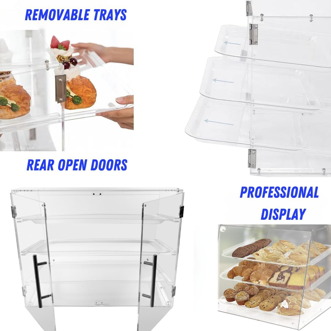 Pastry Display Case - 3-Tier Commercial Countertop Bakery Display Case - Pastry Display Case with Rear Door, includes Serving Tongs and Dough Scraper - Ideal for Baked Goods, Cookies, and Pastries