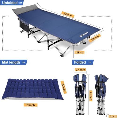 Nictemaw Folding Camping Cot, 900 LBS Heavy Duty Sleeping Cot Portable Camping Cots for Adults Double Layer Oxford with Carry Bag for Home, Office Nap, and Outdoor Beach, Blue