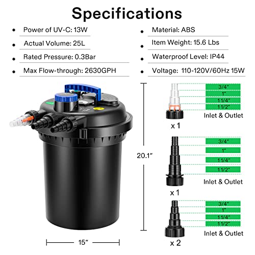 VIVOGROW Bio Pressure Pond Filter, Pond Filter System with Convenient Cleaning Crank Handle for Garden, Pool, Fishpond, Black