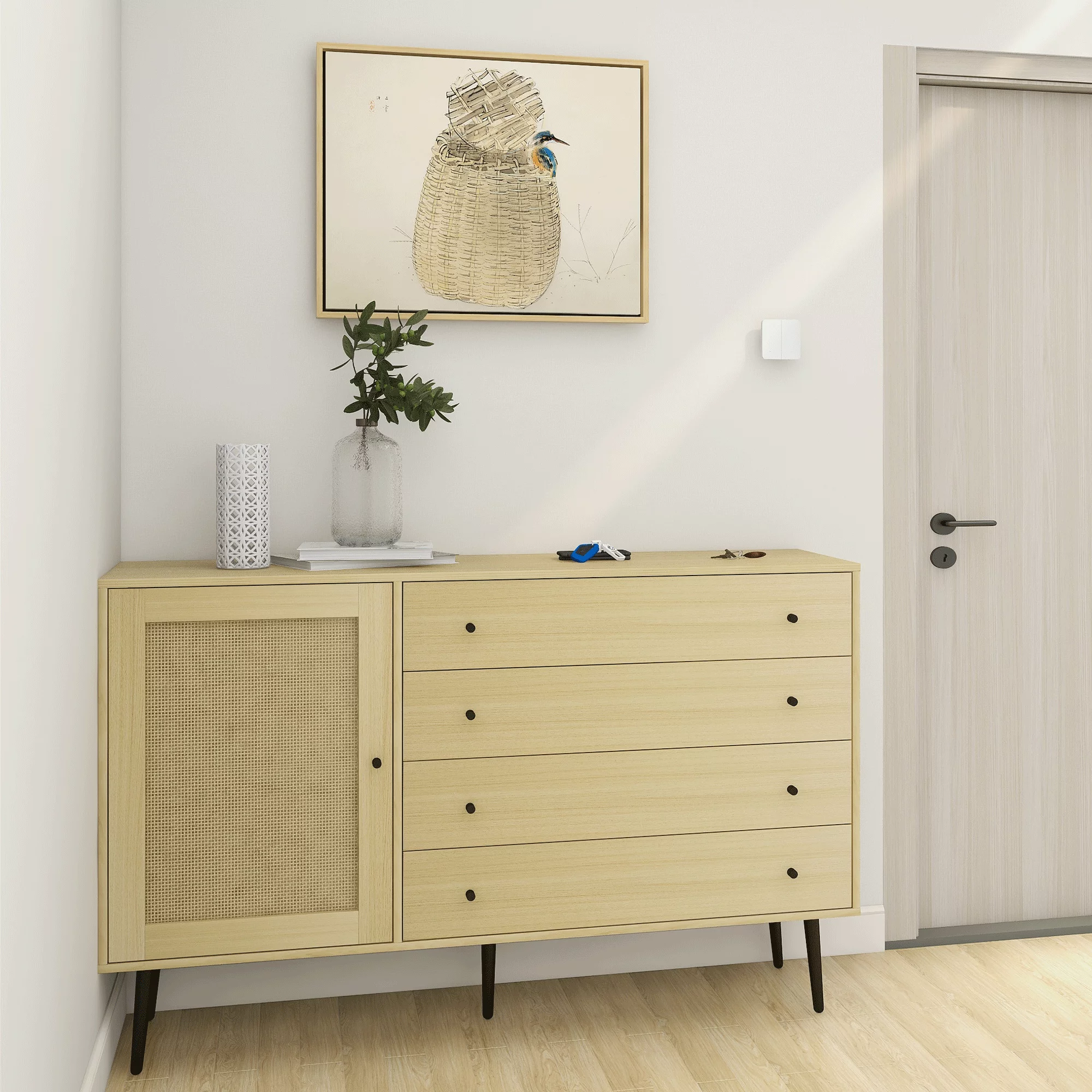 HIUU Storage Cabinet with Door and 4 Drawers for Living room,Sideboard Buffet Cabinet for Dining Room,Natural Wood Dresser for Bedroom