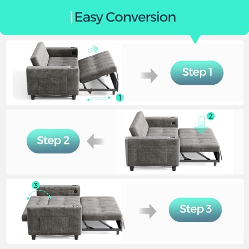 LINSY 3-in-1 Convertible Sofa Bed, 54" Pull Out Sleeper Sofa with Charging Station & Cup Holder, Small Folding Loveseat with Side Pocket for Small Space, Corduroy Couch, Green