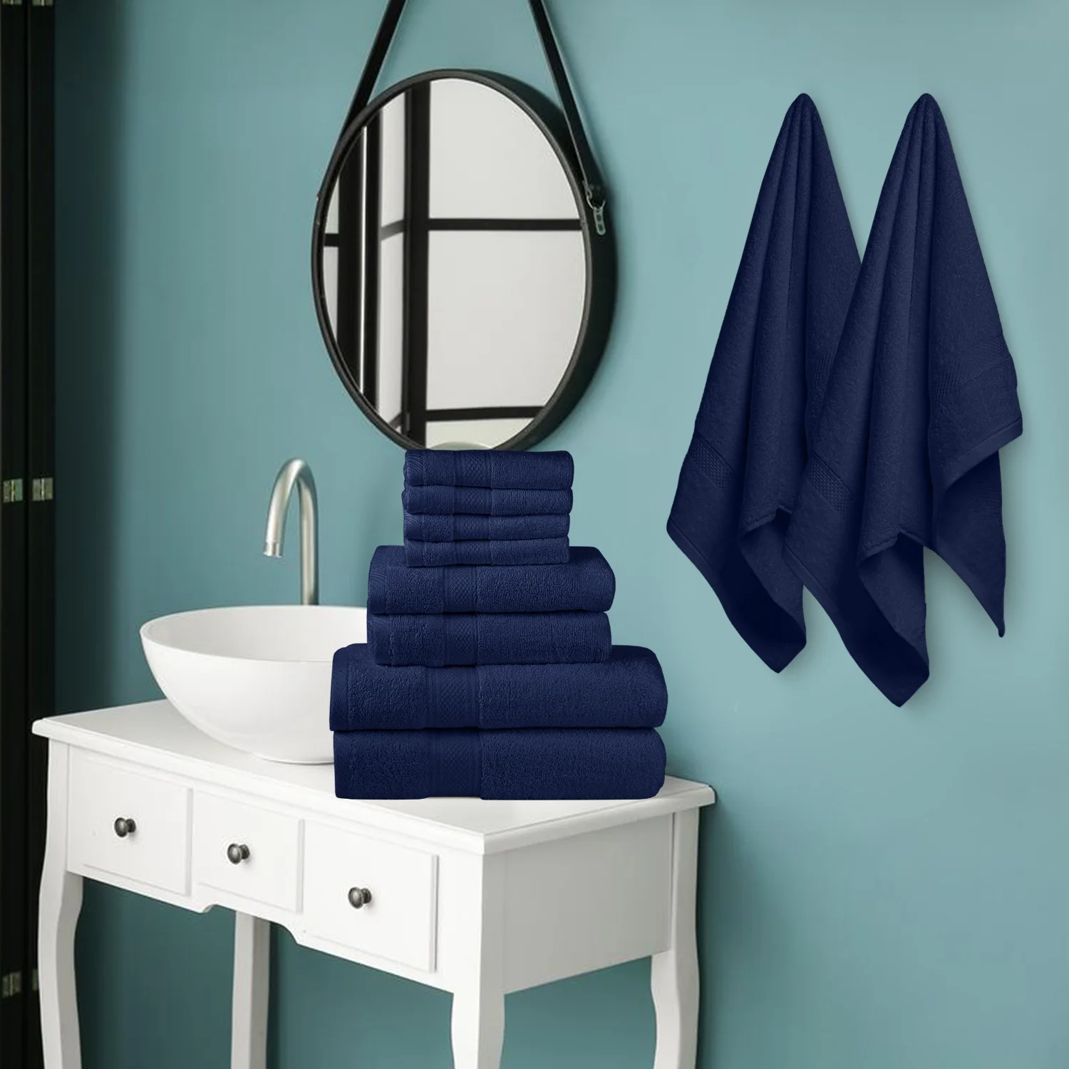 HOMES PERCEPTION Premium 8 Pack Bath Towels Set | 600 GSM 2 Bath Towels, 2 Hand Towels 4 Wash cloths | Bath Towels on Clearance, Navy Blue