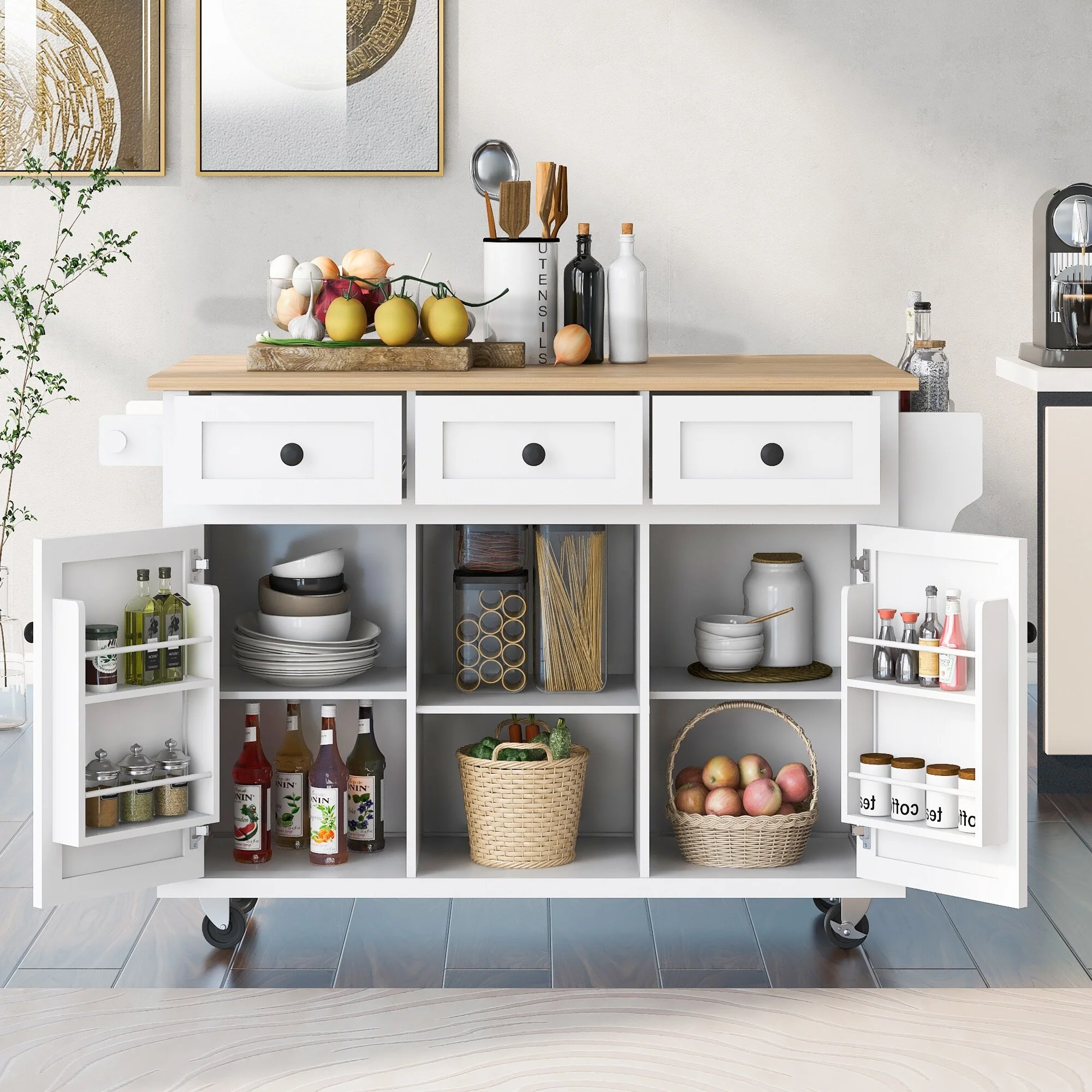 Nestfair  Kitchen Island Cart with Drop-Leaf Countertop and 3 Drawers White - Curated Treasures Market